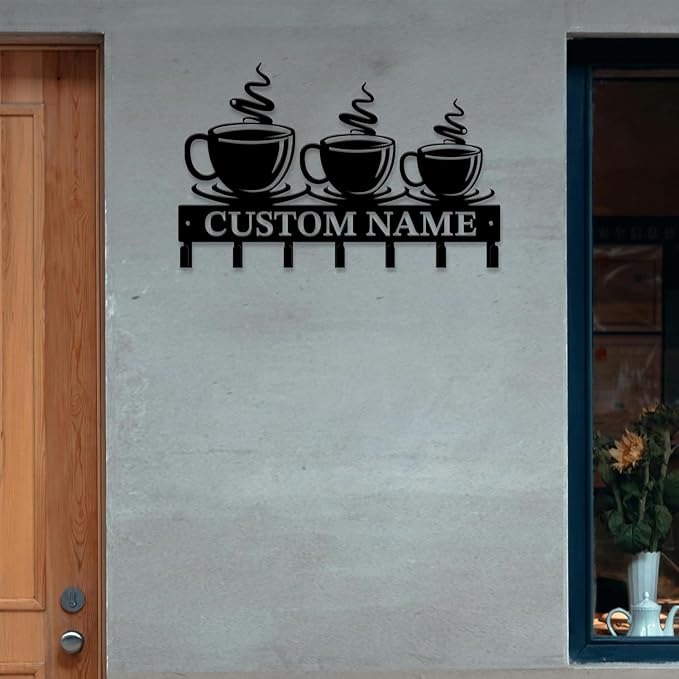 Personalized Custom Name Coffee Bar Wall Keys Hooks,Metal Coffee Shop Art Clothes Hooks,Metal Coffee Lover Wall Home Storage Decorative,For Front Door, Hallway, Kitchen, Bedroom,Keys,Hats (Style I)