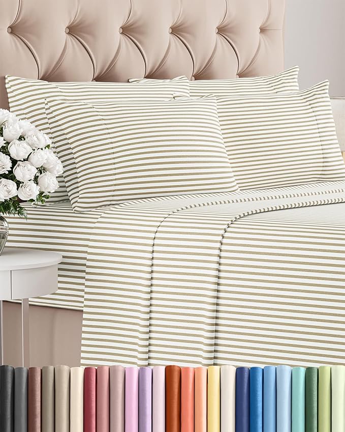King 6 Piece Sheet Set - Comfy Breathable & Cooling - Soft Hotel Luxury Bedding Set with 8-16 Inch Deep Pockets - 1 Flat & 1 Fitted Sheet & 4 Pillowcases - Wrinkle Free & Easy Care - Beige Stripes 2