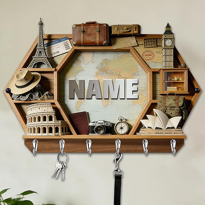 Personalized 2D Flat Print World Travel Themed Mounted Hooks for Men Women Family Friends Lovers Custom Name World Map Key Storage Holder Travel Coat Rack Home Decor Gift for Living Room Hallway