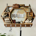 Personalized 2D Flat Print World Travel Themed Mounted Hooks for Men Women Family Friends Lovers Custom Name World Map Key Storage Holder Travel Coat Rack Home Decor Gift for Living Room Hallway
