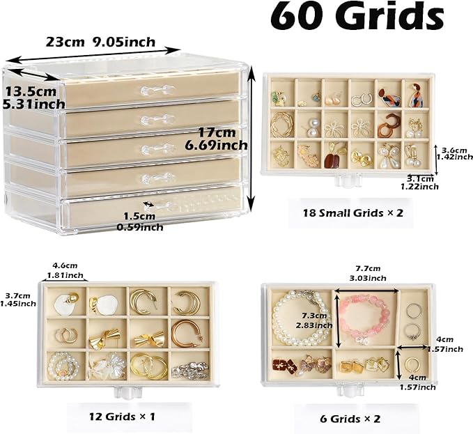 Jewelry Organizer with 5 Drawers Clear Acrylic Earring Display Case Velvet Jewelry Storage Box Display Holder for Earring Ring Bracelet Necklace (Beige, 60 Grids)