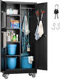 Metal Broom Closet Storage Cabinet, Garage Storage Cabinet with Wheels, 5 Pegboard, Hanging Rod and 13 Hooks for Garage Home, Black, Assembly Required, 61.7" H x 27.6" W x 13.8" D