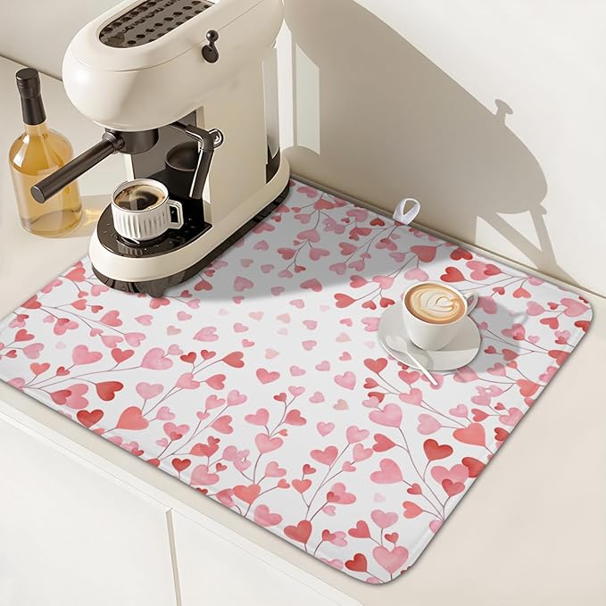 Valentines Day Dish Drying Mat for Kitchen Counter 18x16 Inch Love Drying Mat with Absorbent Reversible Microfiber Pink Heart Dish Drainer Mats Rack Pad for Coffee Countertop Protector
