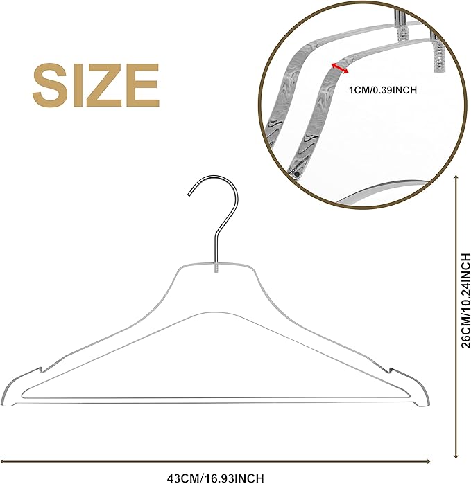 Quality Acrylic Clear Lucite Hangers Chrome Hooks for Clothes, Pants, Suit Jackets, Coats, and Shirts, Closet and Wardrobe Organization (Chrome, Silver Hook, 100)