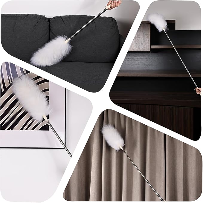 FeelfunFeather Extendable Lambswool Duster 29-110 Inch,Anti-Static Flexible Head, Stainless Steel Pole for Cleaning High Ceiling,Fan,Furniture,Roof Dusting
