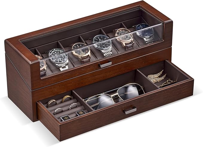 ProCase Wooden Watch Box for Men, Wood Watch Display Case Men's Jewelry Organizer Box with Drawer -6 Slot, Walnut