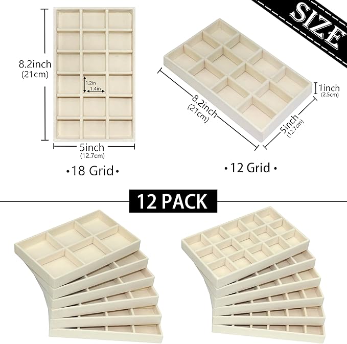 12 Pack Different Jewelry Organizer Trays for Drawer Stackable Adjustable Velvet Jewelry Box Tray Earring Holder Organizer