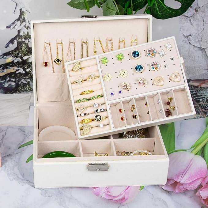 SYCARON Jewelry Box Organizer for Women, Jewelry Organizers 2 Layer Jewelry Storage Box PU Leather with Lock for Women Girls Rings Earrings Necklace Bracelets, Off White