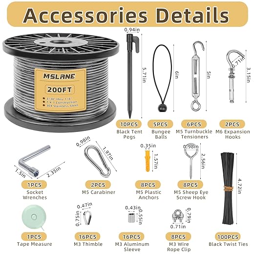 MSLANE 1/8" Black Wire Rope Kit 200FT 304 Stainless Steel Vinyl Coated with M5 Turnbuckles, 7x7 Strand Core Aircraft Cable for String Light, Picture Hanging, Clothesline, Curtain, and Plant Trellis