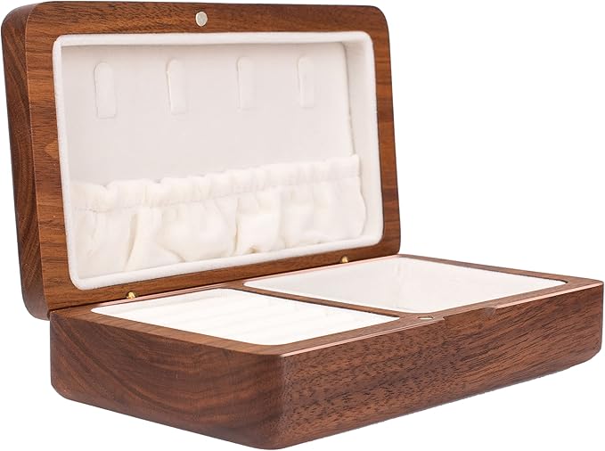Jewelry Box Ladies Retro Travel Portable Mini Simple Solid Wood Wooden Small Jewelry Organize Storage Display Box (Walnut)
