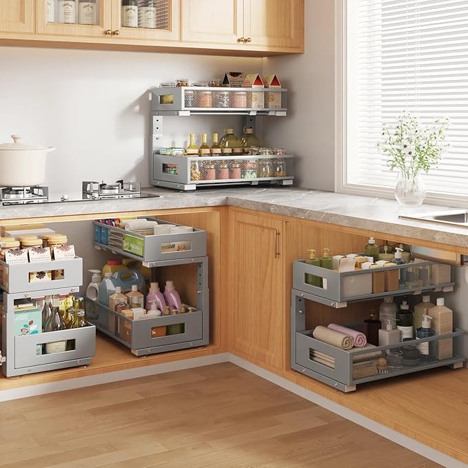 1 Pack 17IN Depth Under Sink Organizer, 2-Tier Pull Out Cabinet Organizer With Smooth Circular Rail, Large Capacity Metal Mesh Sliding Drawers For Bathroom& Kitchen Storage,Height Adjustable-Gun Gray
