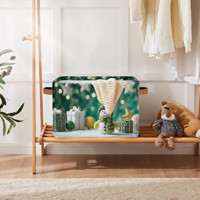 Storage Baskets Bin, Christmas Winter Snowman Collapsible Canvas Fabric Storage Bin Decorative Baskets Toy Organizer Rectangle Storage Boxes with Handles for Home Shelves Nursery, J-013