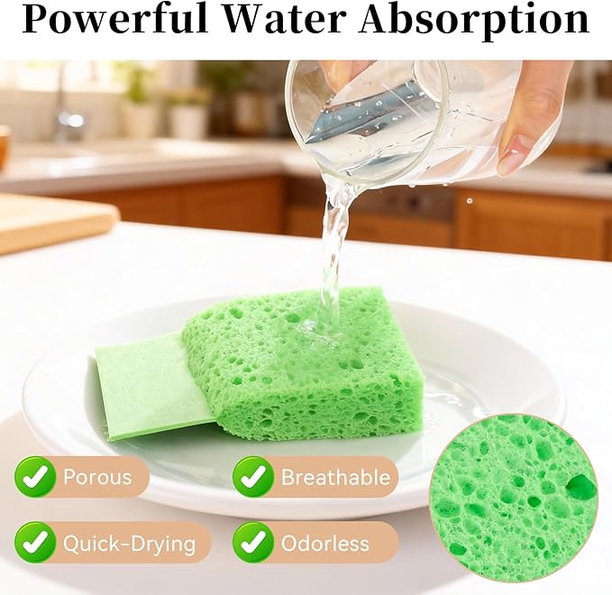 Mkobon 6 Pcs Kitchen Sponges for Dishes Cleaning, Non Scratch for Non Stick Cookware, Compressed Natural Cellulose Sponges, Dish Washing Scrubbers, Scrubbing Pads for Household, Bathroom (Green)