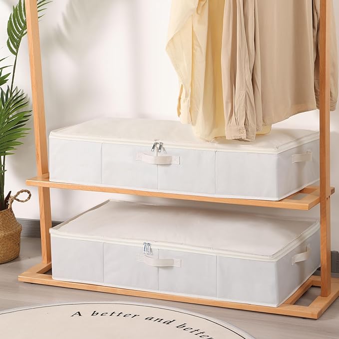 YheenLf Clothes Organizers, Under Bed Storage Containers, Storage Bins With Lids and Reinforced Handles, Beige, 3 Pack, 23.6 x 11.8 x 5.9 Inch