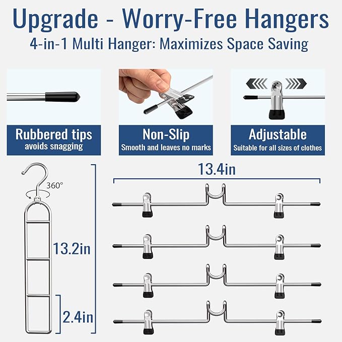 Pants & Skirt Hangers with Clips, Newly Upgraded Detachable - Space Saving Hangers, 4-Tiers Skirt Hangers for Women - Hanging Closet Organizer and Storage-4 Pack, Patent Pending
