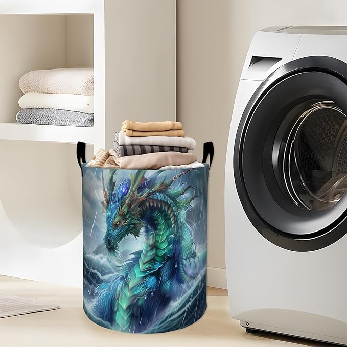 Fierce Dragon in Stormy Waves Laundry Basket with Handles, 19.7"x15.7" Clothes Foldable Laundry Hamper Organizer for Dorm Nursery Bedroom Bathroom Decor, Toy Storage Bin for Kids
