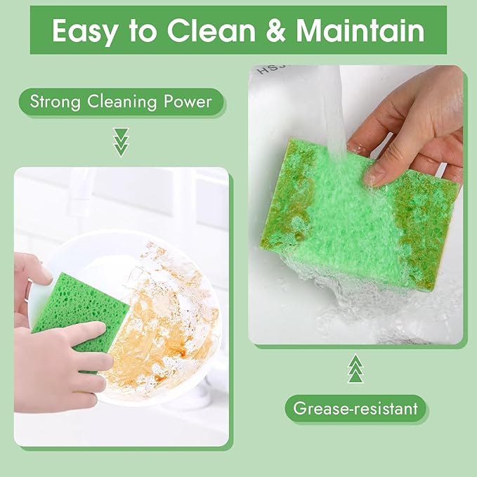MOWPOG 12 PCS Dish Sponges Kitchen, Non Scratch Cleaning Sponge for Non Stick Cookware, Natural Compressed Cellulose Wash Scrub for Household Bathroom, Soft Washing Scrubbers (Green)