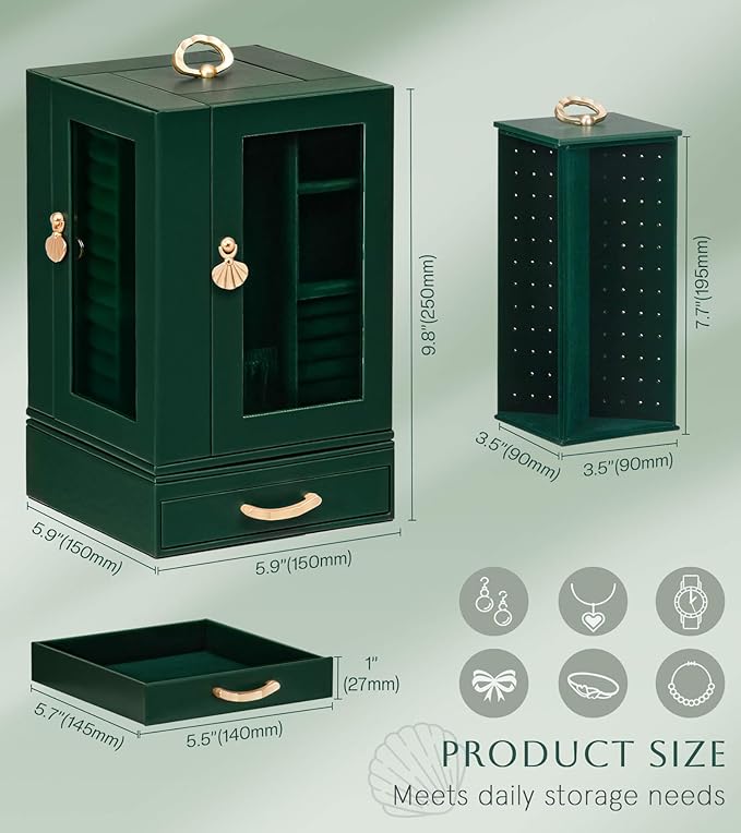 Jewelry Box large for Dresser: Women Necklace Ring Storage Organizer with Compartments - Elegant Earring Holder Display (Dark Green)