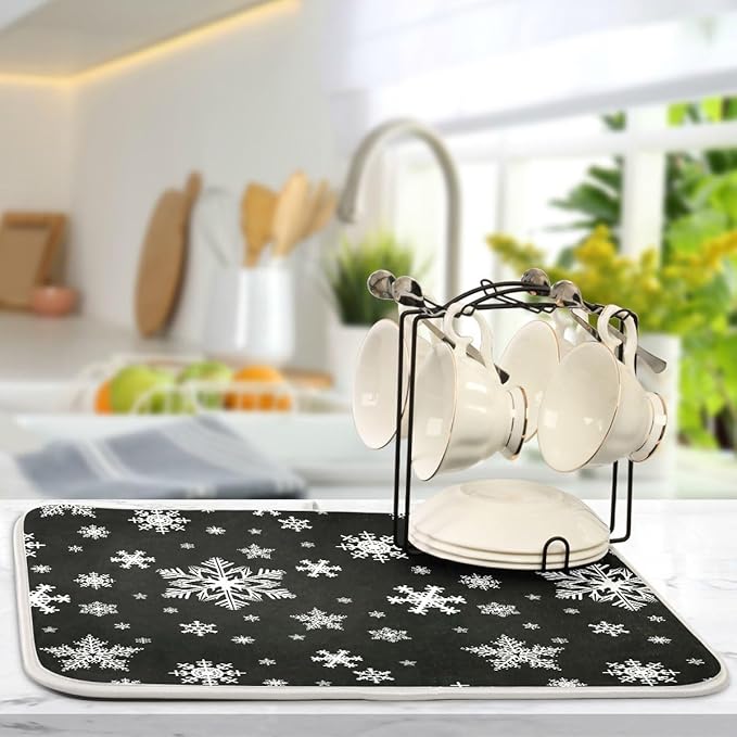 Winter Snowflake Black Dish Drying Mat for Kitchen Christmas Snowflake Xmas Microfiber Drying Mats Absorbent Reversible Dish Pad Medium Dish Draining Mat 16x18 inch