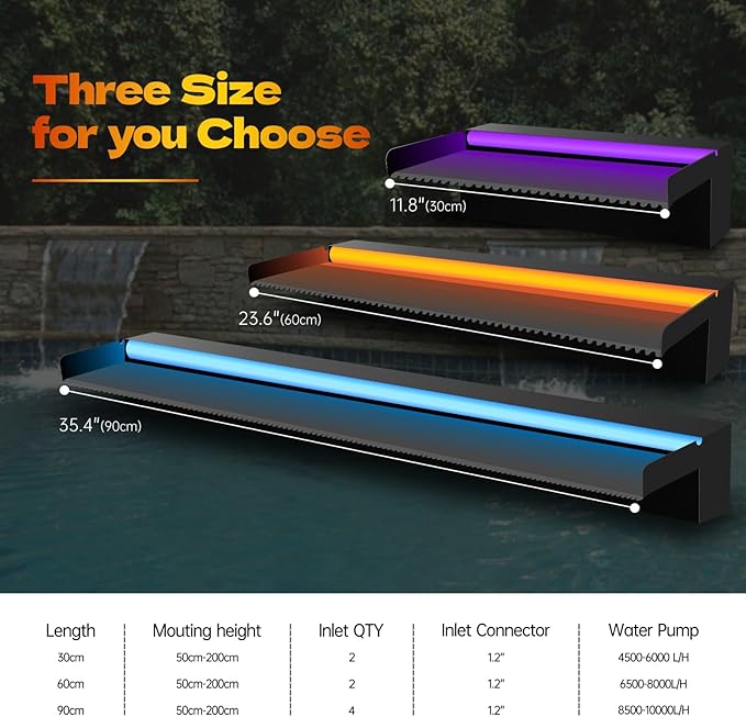 Pool Waterfall Spillway Stainless Steel Pond Fountain, APP Control Colorful LED Lighted Outdoor Black Fountains, Water Flow Spillways Kit for Koi Pond, Swimming Pool, Garden-11.8"x7.8"x3.9"