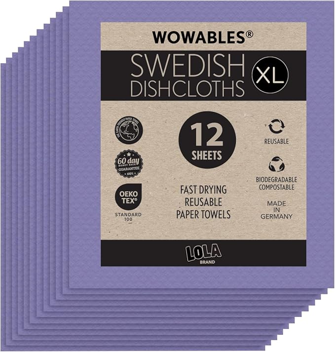 LOLA Swedish Dishcloths for Kitchen XL, 12 Sheet Roll, Biodegradable & Compostable, Reusable Paper Towel Cleaning Cloths, 11" x 10", No Odor, Washing Dishes, Ultra Absorbent Cellulose Sponge Towel