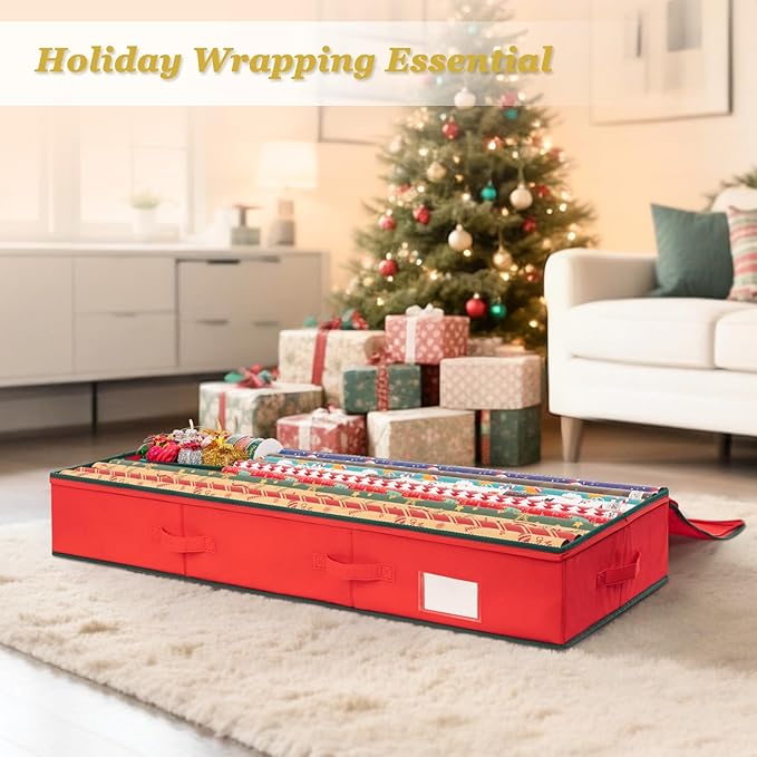 Criusia Gift Wrapping Paper Organizer Storage, Durable Underbed Storage Container Fits 24 Rolls, with Removable Dividers and Pockets for Ribbon, Ornaments, Holiday Accessories, Red