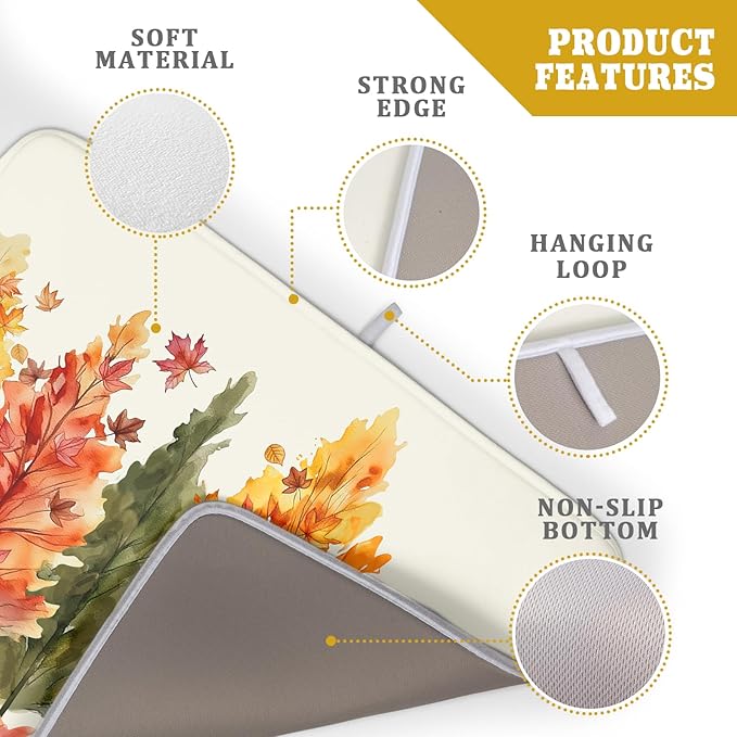 Fall Maple Leaves Dish Drying Mat for Kitchen Counter 24x18 Inch Watercolor Autumn Drying Mat with Absorbent Reversible Microfiber Orange Dish Drainer Mats Rack Pad for Coffee Countertop Protector