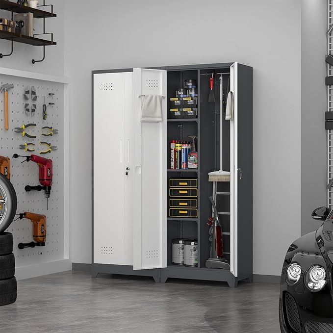 65" H Metal Garage Storage Cabinets with Doors and Shelves, Locking Cabinet, Broom Closet Storage Cabinets with Hanging Rod, Functional Tool Cabinet for Home, Garage, Kitchen