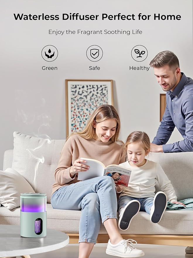 Waterless Diffuser for Essential Oil: Mini Battery Scent Diffuser for Room&Home&Car with 9 Colors LED Light - Aroma Cool Mist Machine Light Cyan