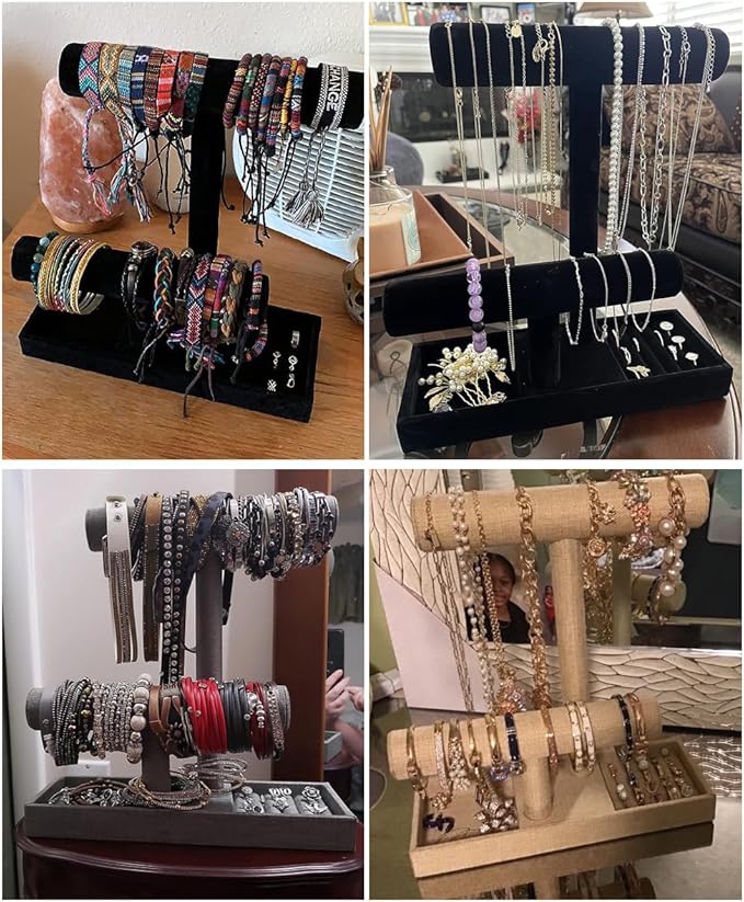 Coward 2 Tier Necklace Bracelet Holder Organizer With ring Tray, Multi-use Jewelry Display Stand For Necklace Bracelet Bangle Watch Scrunchie (Black/no Lid)
