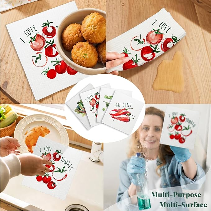 LARTSFRO Swedish Dishcloths for Kitchen, Swedish Dish Cleaning Cloths for Vegetable, Beet Chili Tomato Peas，Papaya Reusable Paper Towels, 4 Pack Dish Towels for Kitchen, Reusable Dishcloths Washable