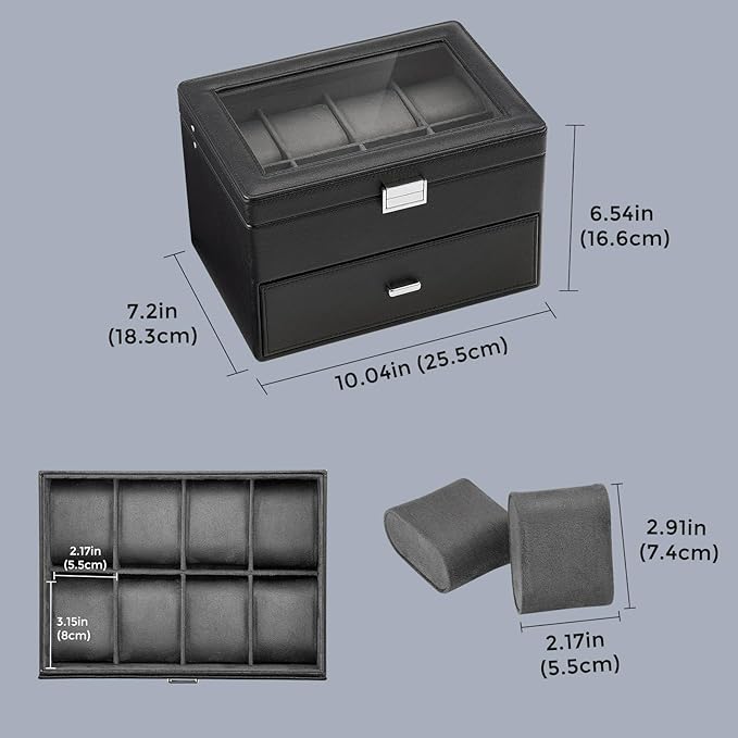 ProCase Watch Box for Men, Jewelry Organizer Box with Drawer, Display Storage Case with Glass Lid -Black, 16 Slot