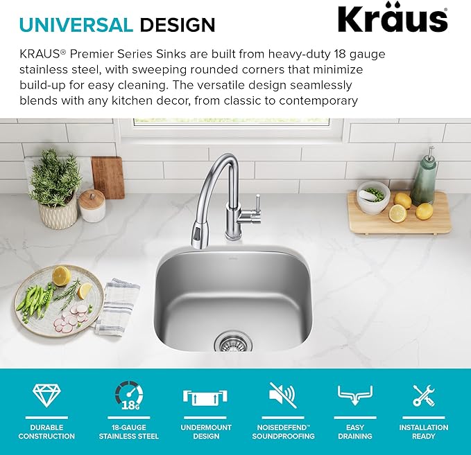 Kraus 19 3/4 Inch Stainless Steel Kitchen Sink, Durable 18 Gauge Single Bowl Kitchen Sinks Undermount, KBU11