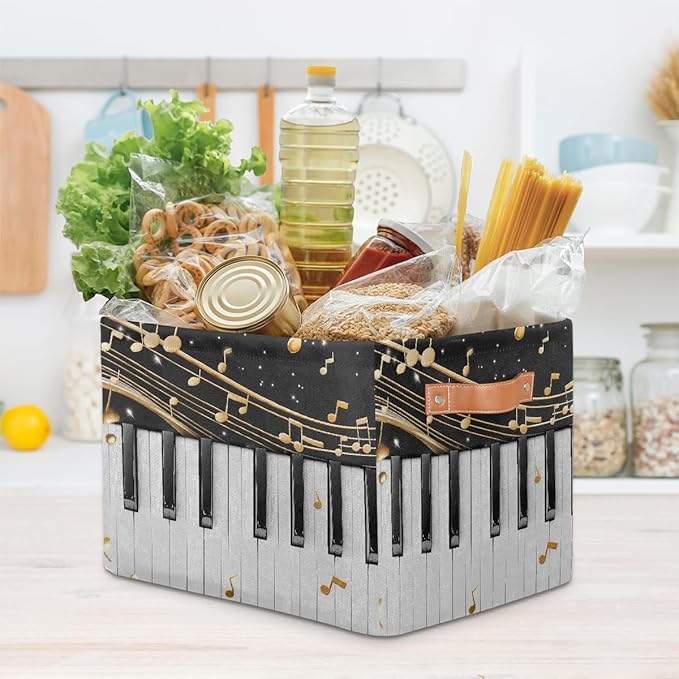Music Notes Storage Basket for Shelves, Storage Bins with Handles, Collapsible Basket for Organizing, Closet Toy Baskets for Nursery Room, 15x11x9.5 in, Canvas, Musical Piano