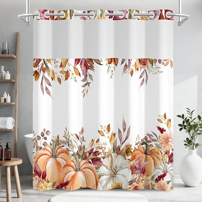 Fall Pumpkin No Hook Shower Curtain and Liner Set, Watercolor Orange Double Layers Waterproof Fabric Shower Curtain, Autumn Pumpkins with Eucalyptus Leaves Farmhouse Bathroom Curtains, 71x74 Inch