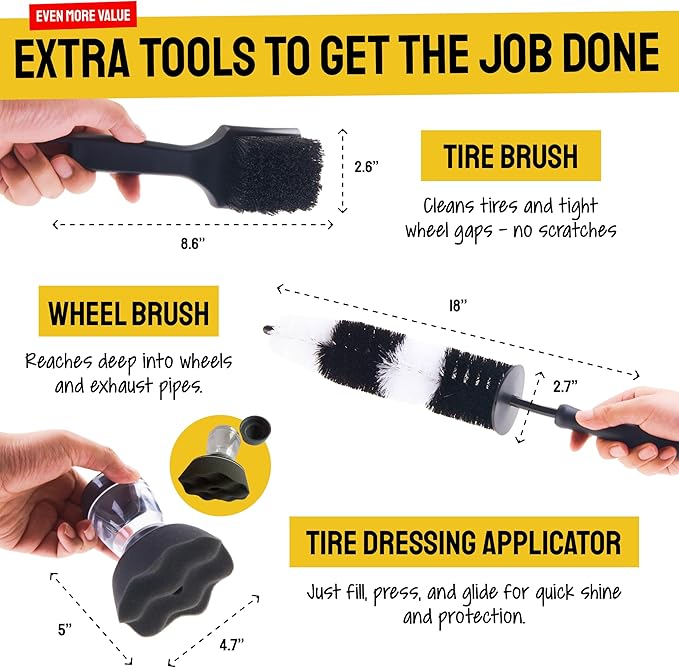 Detail Dudes Boar Hair Detailing Brush Set - 9-Pack - Includes Wheel, Tire Brush & Tire Dressing Applicator - Soft Boar Hair Bristles - Scratch-Free Car Wash - Crevice Tools for Vents & Emblems