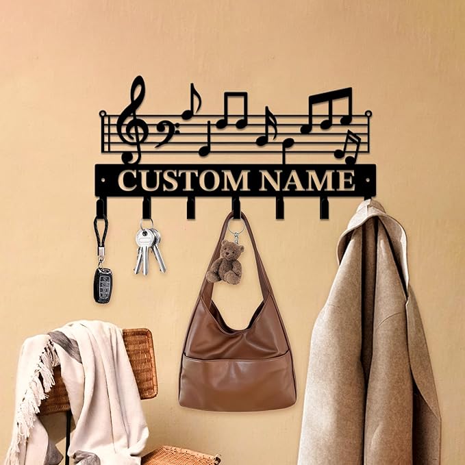 Personalized Custom Music Wall Hooks,Metal Music Room Art Clothes Hooks,Metal Music Wall Home Storage Decorative,For Front Door, Hallway, Kitchen, Bedroom,Keys,Hats (Style F)