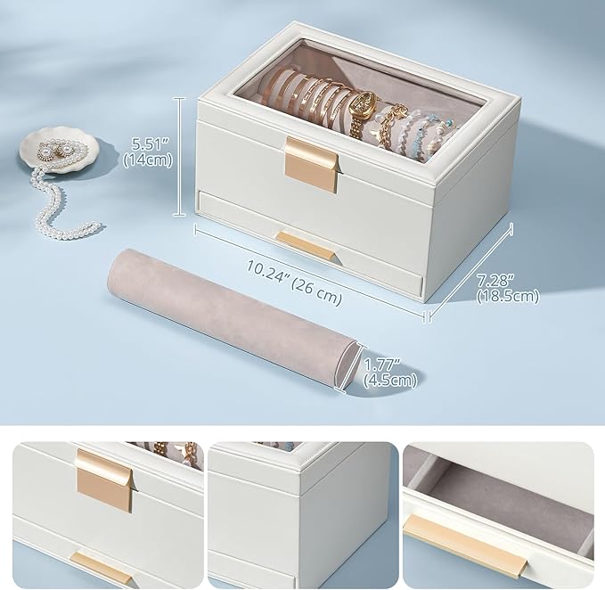 Lolalet Bracelet Holder Organizer with Clear Lid and Drawer, Bangle Storage Box Jewelry Display Holder for Watches, Jewellery Case for Women -White