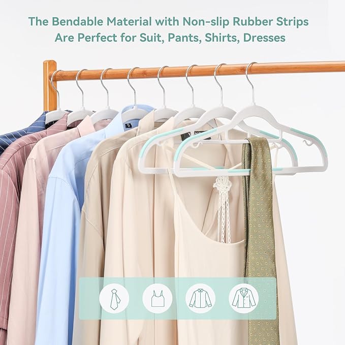 Pack of 50 Coat Hangers, Space-Saving Plastic Clothes Hangers, Non-Slip, 0.2 Inches Slim, 360° Swivel Silver Hook for Shirts, Pants, Suit & Wet/Dry Garments, Blue and White