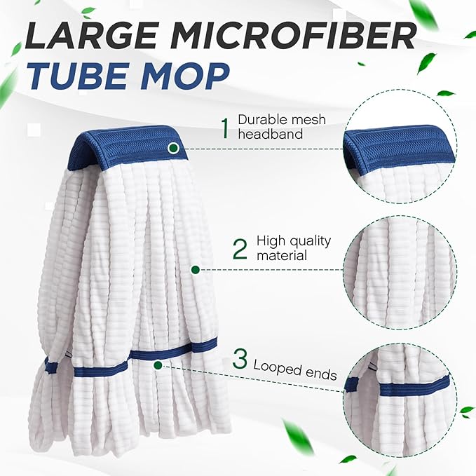 Hushee 6 Pack Large Microfiber Tube Mop Heads 18 oz Heavy Duty Commercial Industrial Wet Mop Head Refill Reusable Machine Washable Looped End Mopheads for Hardwood, Tile, Laminate Floors (White)