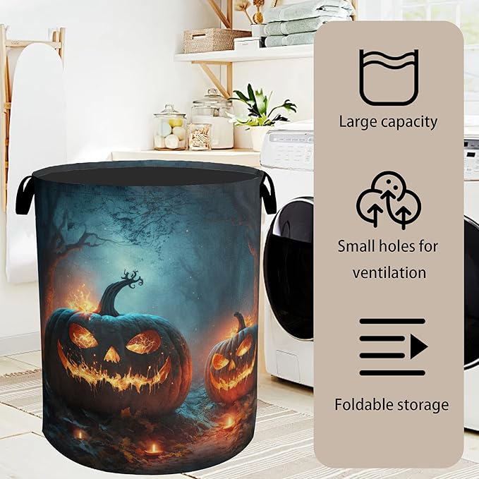 Pumpkin Halloween Laundry Basket - Heavy Duty 60L Dirty Clothes Organizer, Water Resistant Foldable Hamper for Men Women