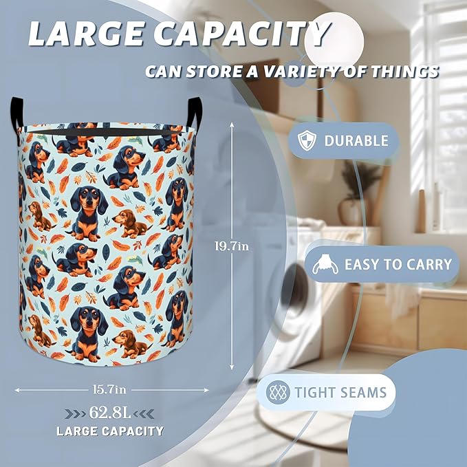 Playful Dachshund with Leaf Laundry Basket with Handles, 19.7"x15.7" Clothes Foldable Cute Puppy Dog Pet Laundry Hamper Organizer for Dorm Nursery Bedroom Bathroom Decor, Toy Storage Bin for Kids
