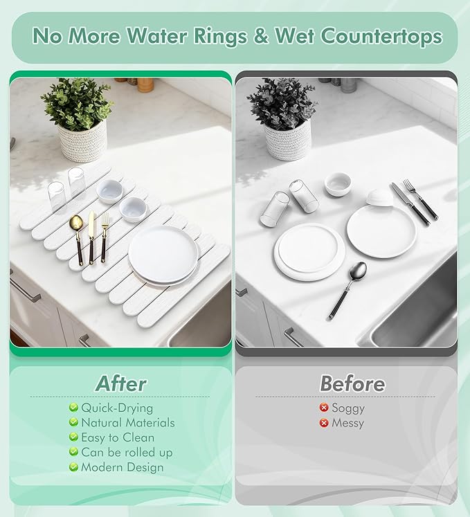 Large Stone Dish Drying Mat for Kitchen Counter, Quick Dry Diatomaceous Earth Stone Mat, Roll-Up Dish Mat for Dishes Bottles Cups, Super Absorbent & Non-Slip, 24"×16",White