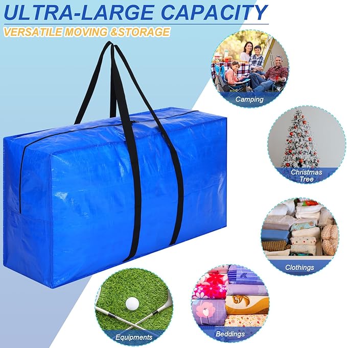 Windyun 4 Pack 98 Gallon Extra Large Moving Bags XXL Heavy Duty Storage Bag with Strong Zipper Handle Jumbo Big Tote Box Foldable for College Dorm Travel Clothes Duffle Blanket Pillow(Blue)