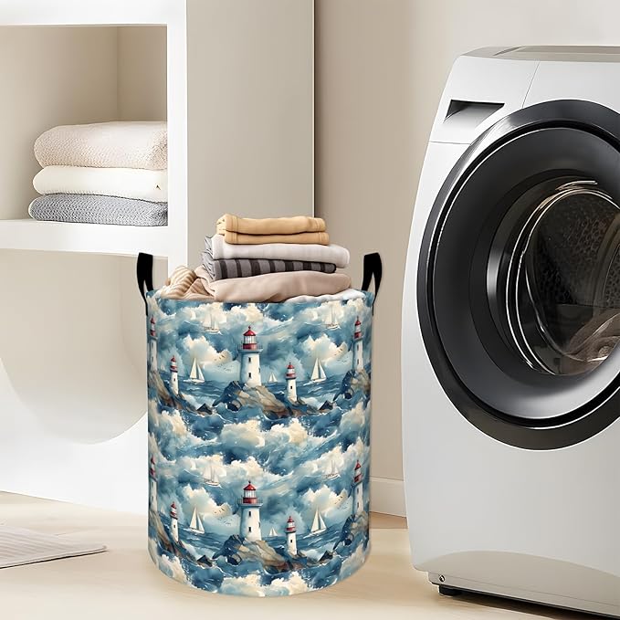 Nautical Lighthouse with Sailboat Scene Laundry Basket with Handles, 19.7"x15.7" Clothes Foldable Laundry Hamper Organizer for Dorm Nursery Bedroom Bathroom Decor, Toy Storage Bin for Kids