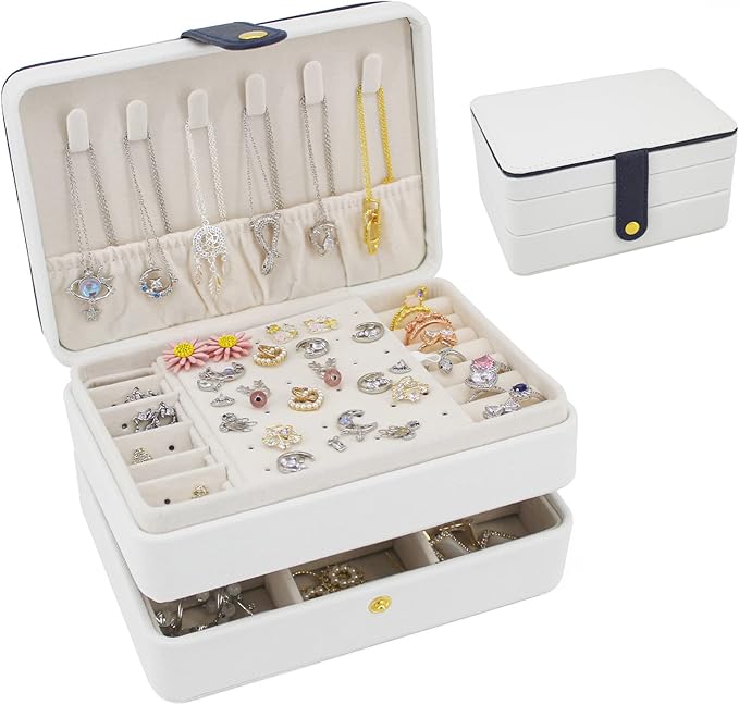 KOOAAICCHI Small Jewelry Box, Travel Jewelry Organizer, Portable Jewelry boxes for Women Girls Gift, Double Layers PU Leather Jewelry Holder for Rings, Earrings, Necklaces-White