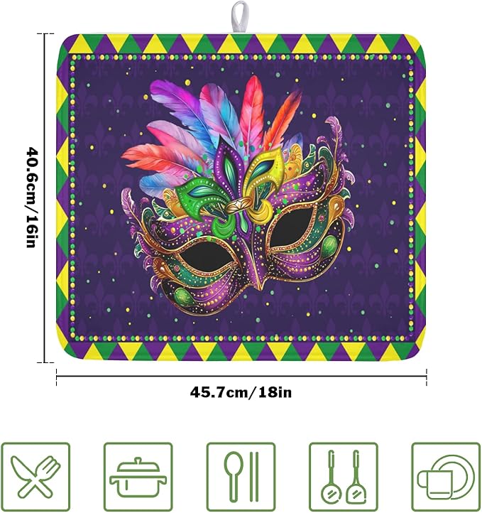 Wnoesat Mardi Gras Dish Drying Mat for Kitchen Counter Masquerade Mask Feather Dishes Drying Mat Microfiber Absorbent Reusable Washable Dishes Drainer Rack Mats 16x18 Inch