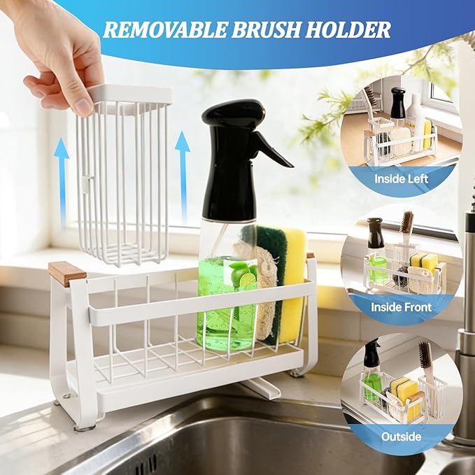 Hobychild Kitchen Sponge Holder with Dish Brush Holder,Sink Caddy with Suction Cup，Stainless Steel Sink Box Dish Scrubber Holder，Soap Tray for Kitchen Countertop Accessories & Storage (White)