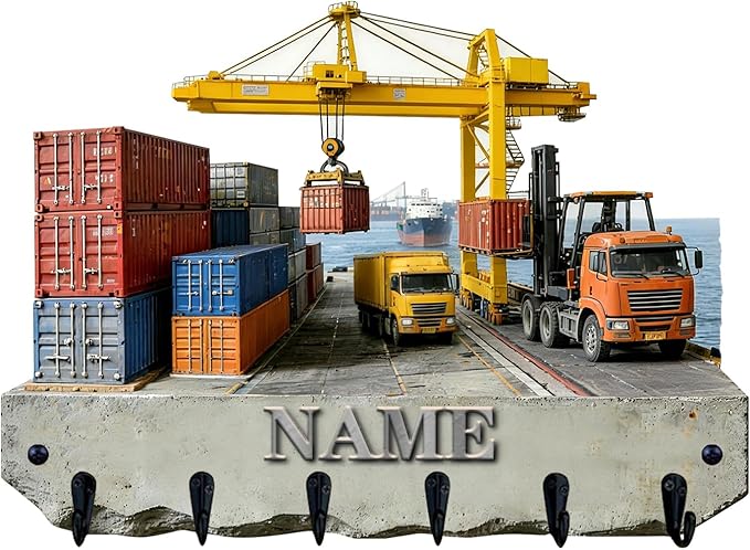 Personalized Wooden 2D Flat Print Container Truck Themed Wall Hooks for Living Room Hallway Office Custom Name Container Crane Coat Rack Port Transportation Key Storage Holder for Women Men Friends