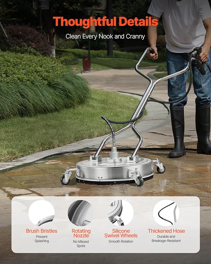 VEVOR 20" Pressure Washer Surface Cleaner, Stainless Steel Pressure Washer Attachments with 4 Wheels, 4000 Max PSI, 3/8 Quick Connector, 2 Spray Nozzles, Dual Handle, for Concrete, Patio, Sidewalk